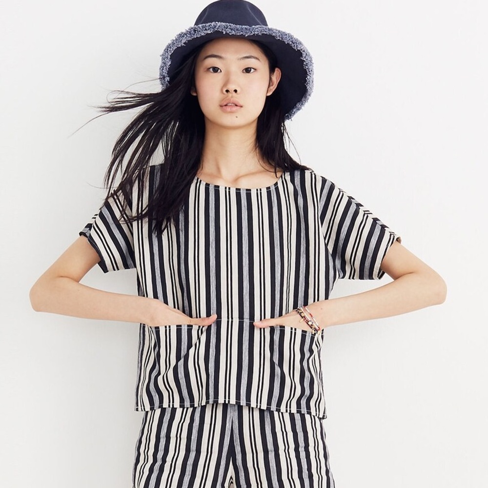Madewell Evelyn Linen Blend Boxy Cropped Striped Top with Pockets